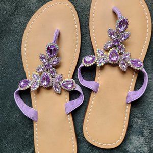 Hinyyrin Rhinestone Sandals Flip Flop Flat Jeweled PURPLE